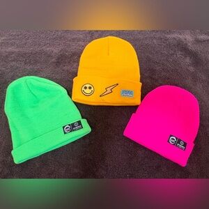 Green Dragon Neon Beanie Trio in Yellow, Green & Pink - Adult Unisex, One Size.